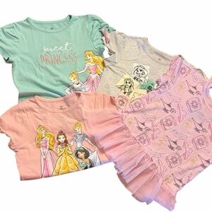 Bundle of 4 Disney Princess Kids T-Shirt Collection - Pink, Green, Gray